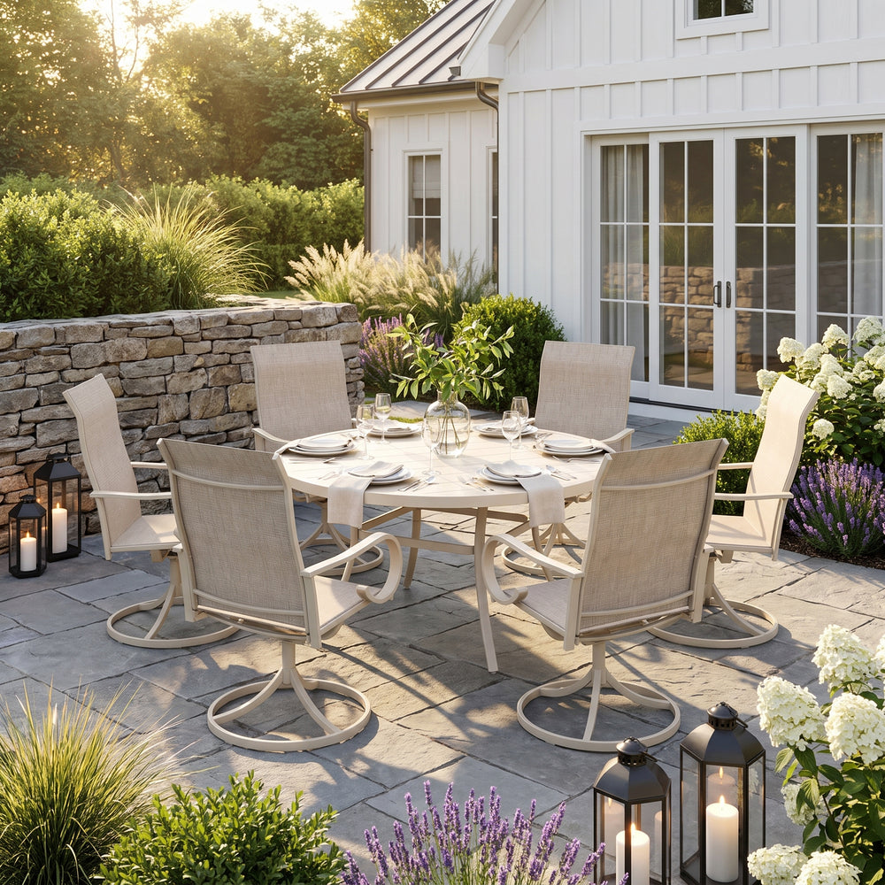 VICLLAX 7-Piece Patio Furniture Set - 50/53" Diameter Round Slat Top Dining Table with 6 Swivel Mesh Chairs
