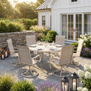 VICLLAX 7-Piece Patio Furniture Set - 50/53" Diameter Round Slat Top Dining Table with 6 Swivel Mesh Chairs