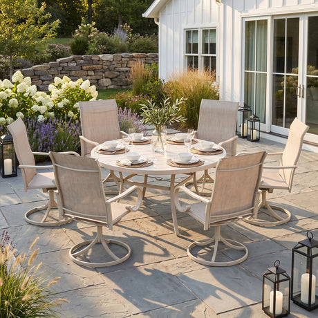 VICLLAX 7-Piece Patio Furniture Set - 50/53" Diameter Round Slat Top Dining Table with 6 Swivel Mesh Chairs
