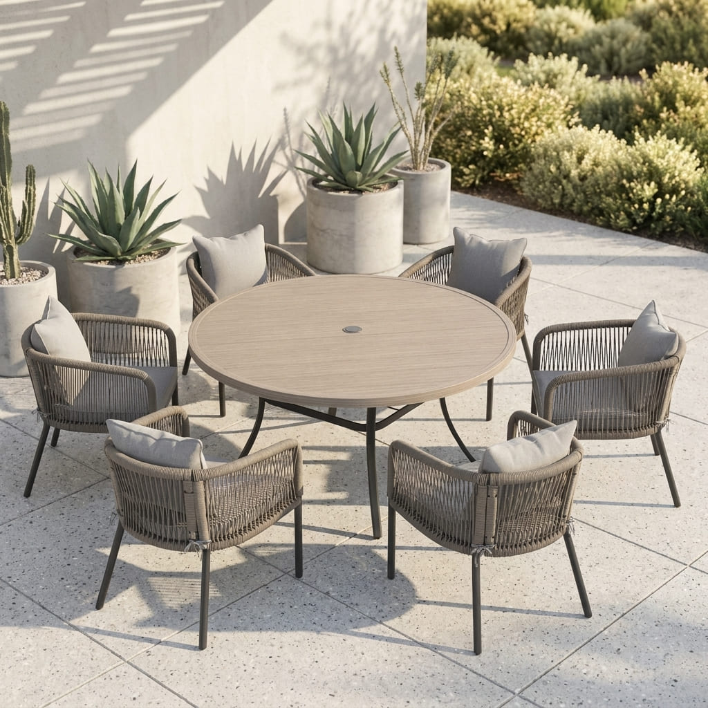 Vicllax 7-Piece Outdoor Wicker Patio Dining Set - 50 or 53-Inch Round Table with Umbrella Hole and Aria Modern Woven Rope Armchair