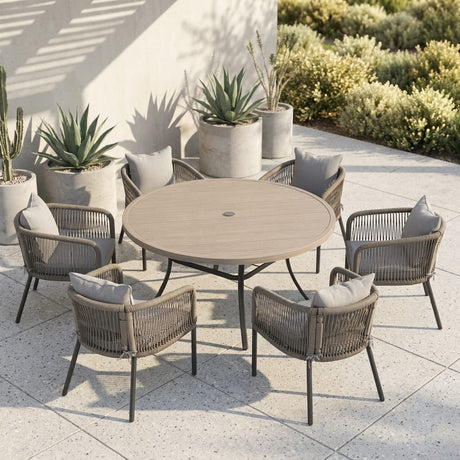 Vicllax 7-Piece Outdoor Wicker Patio Dining Set - 50 or 53-Inch Round Table with Umbrella Hole and Aria Modern Woven Rope Armchair