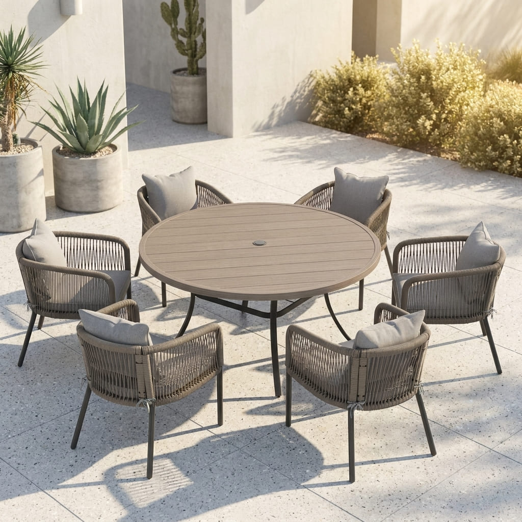 Vicllax 7-Piece Outdoor Wicker Patio Dining Set - 50 or 53-Inch Round Table with Umbrella Hole and Aria Modern Woven Rope Armchair