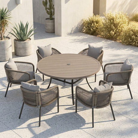 Vicllax 7-Piece Outdoor Wicker Patio Dining Set - 50 or 53-Inch Round Table with Umbrella Hole and Aria Modern Woven Rope Armchair