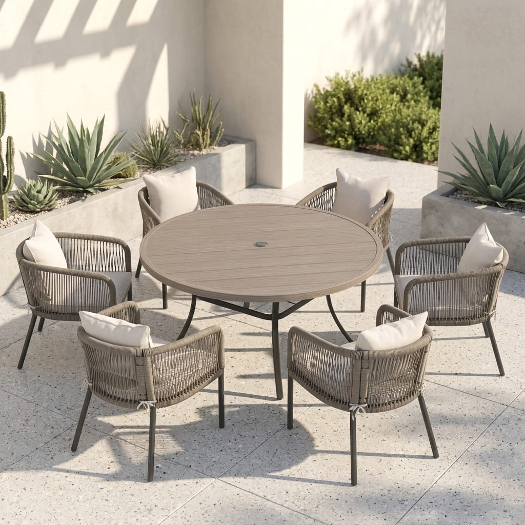 Vicllax 7-Piece Outdoor Wicker Patio Dining Set - 50 or 53-Inch Round Table with Umbrella Hole and Aria Modern Woven Rope Armchair