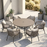 Vicllax 7-Piece Outdoor Wicker Patio Dining Set - 50 or 53-Inch Round Table with Umbrella Hole and Aria Modern Woven Rope Armchair