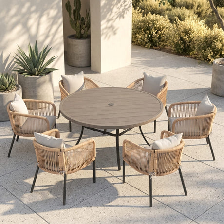 Vicllax 7-Piece Outdoor Wicker Patio Dining Set - 50 or 53-Inch Round Table with Umbrella Hole and Aria Modern Woven Rope Armchair