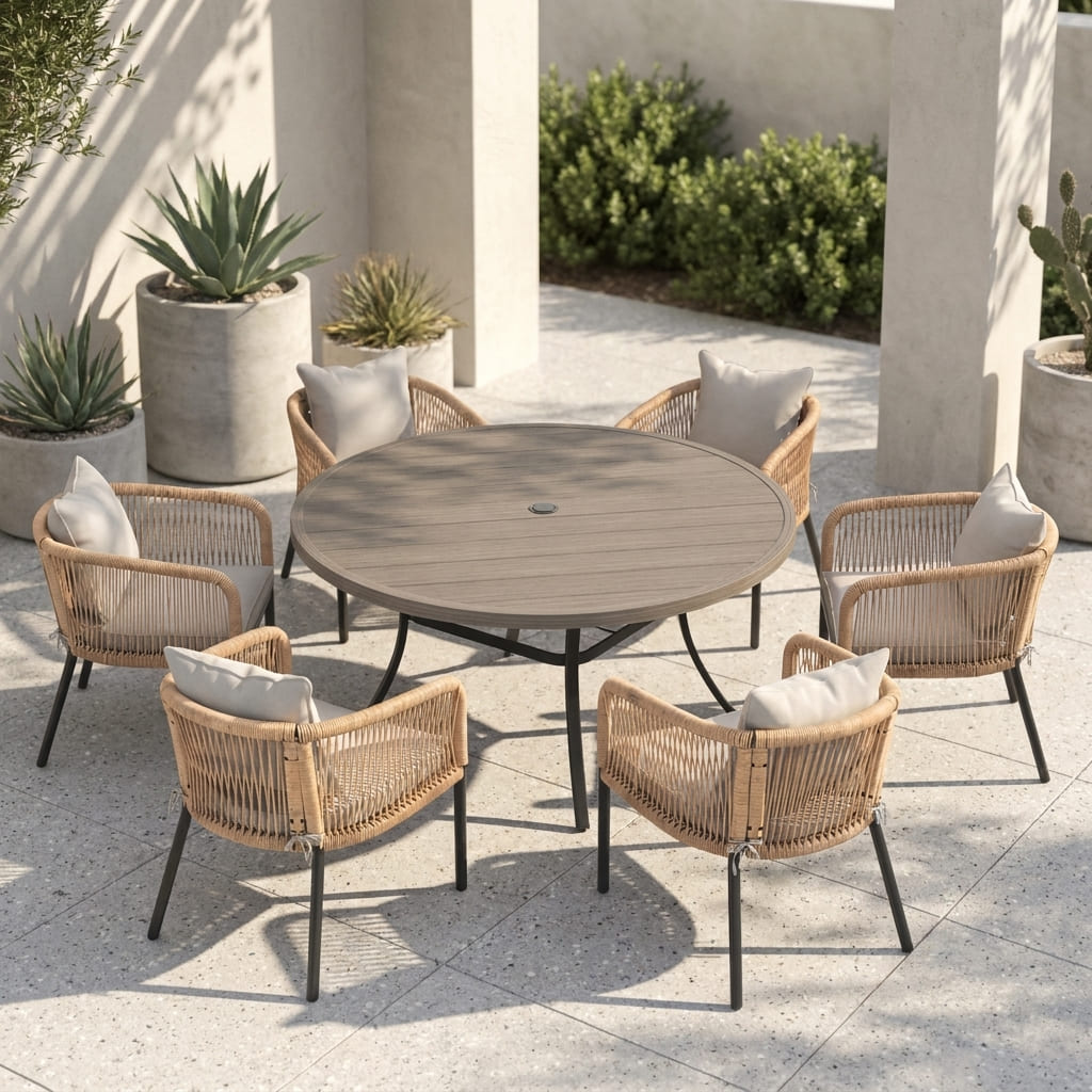 Vicllax 7-Piece Outdoor Wicker Patio Dining Set - 50 or 53-Inch Round Table with Umbrella Hole and Aria Modern Woven Rope Armchair