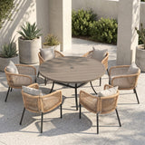 Vicllax 7-Piece Outdoor Wicker Patio Dining Set - 50 or 53-Inch Round Table with Umbrella Hole and Aria Modern Woven Rope Armchair