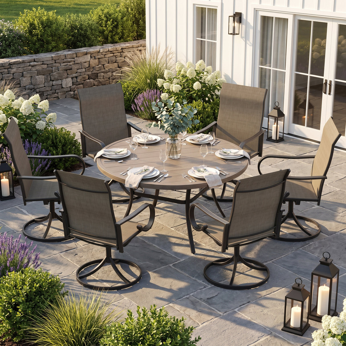 VICLLAX 7-Piece Patio Furniture Set - 50/53" Diameter Round Slat Top Dining Table with 6 Swivel Mesh Chairs