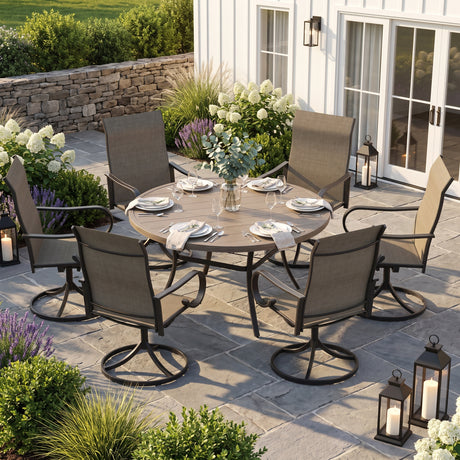VICLLAX 7-Piece Patio Furniture Set - 50/53" Diameter Round Slat Top Dining Table with 6 Swivel Mesh Chairs