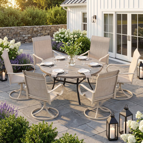 VICLLAX 7-Piece Patio Furniture Set - 50/53" Diameter Round Slat Top Dining Table with 6 Swivel Mesh Chairs