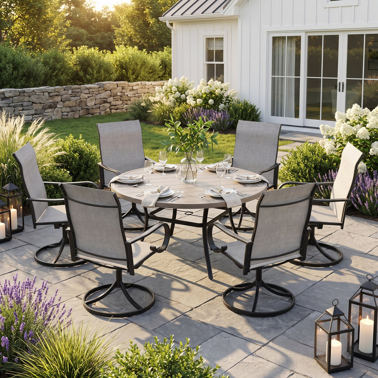 VICLLAX 7-Piece Patio Furniture Set - 50/53" Diameter Round Slat Top Dining Table with 6 Swivel Mesh Chairs