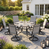 VICLLAX 7-Piece Patio Furniture Set - 50/53" Diameter Round Slat Top Dining Table with 6 Swivel Mesh Chairs