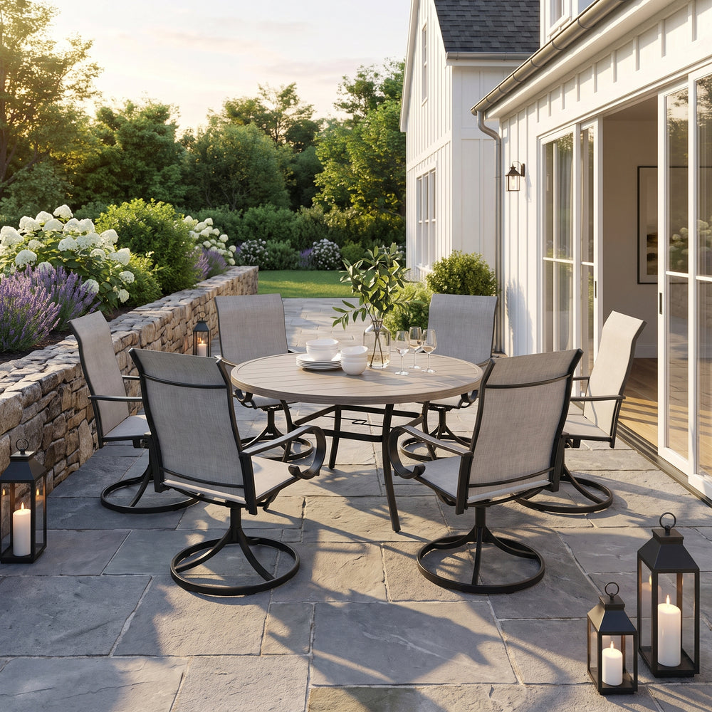 VICLLAX 7-Piece Patio Furniture Set - 50/53" Diameter Round Slat Top Dining Table with 6 Swivel Mesh Chairs