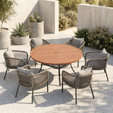 Vicllax 7-Piece Outdoor Wicker Patio Dining Set - 50 or 53-Inch Round Table with Umbrella Hole and Aria Modern Woven Rope Armchair