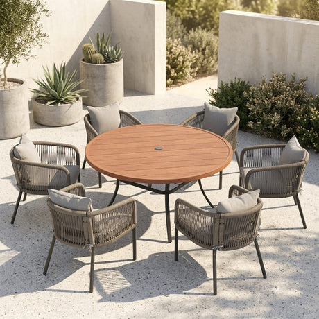 Vicllax 7-Piece Outdoor Wicker Patio Dining Set - 50 or 53-Inch Round Table with Umbrella Hole and Aria Modern Woven Rope Armchair