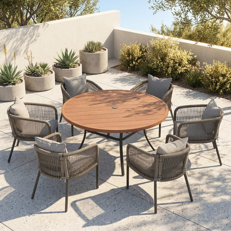 Vicllax 7-Piece Outdoor Wicker Patio Dining Set - 50 or 53-Inch Round Table with Umbrella Hole and Aria Modern Woven Rope Armchair