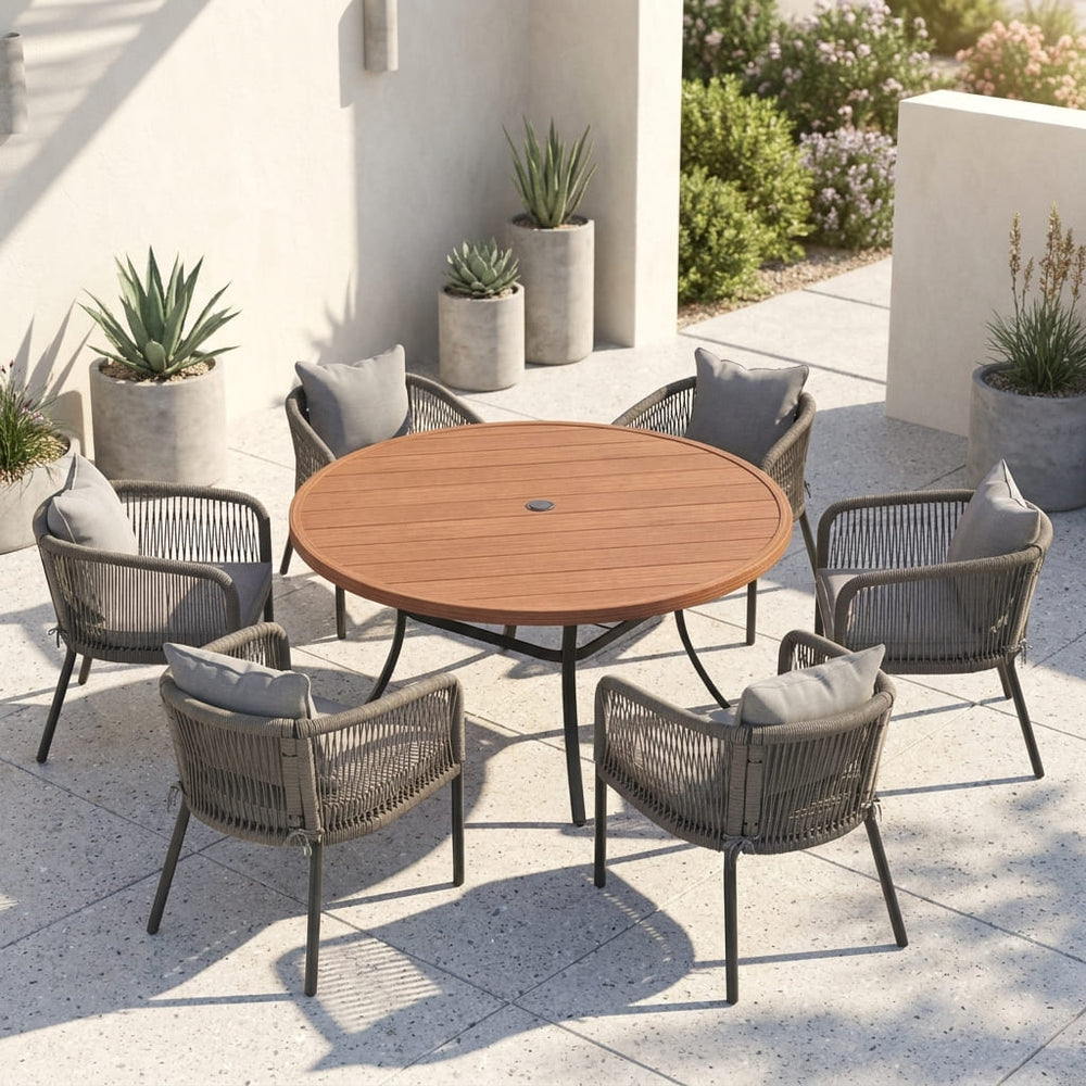 Vicllax 7-Piece Outdoor Wicker Patio Dining Set - 50 or 53-Inch Round Table with Umbrella Hole and Aria Modern Woven Rope Armchair