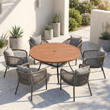 Vicllax 7-Piece Outdoor Wicker Patio Dining Set - 50 or 53-Inch Round Table with Umbrella Hole and Aria Modern Woven Rope Armchair