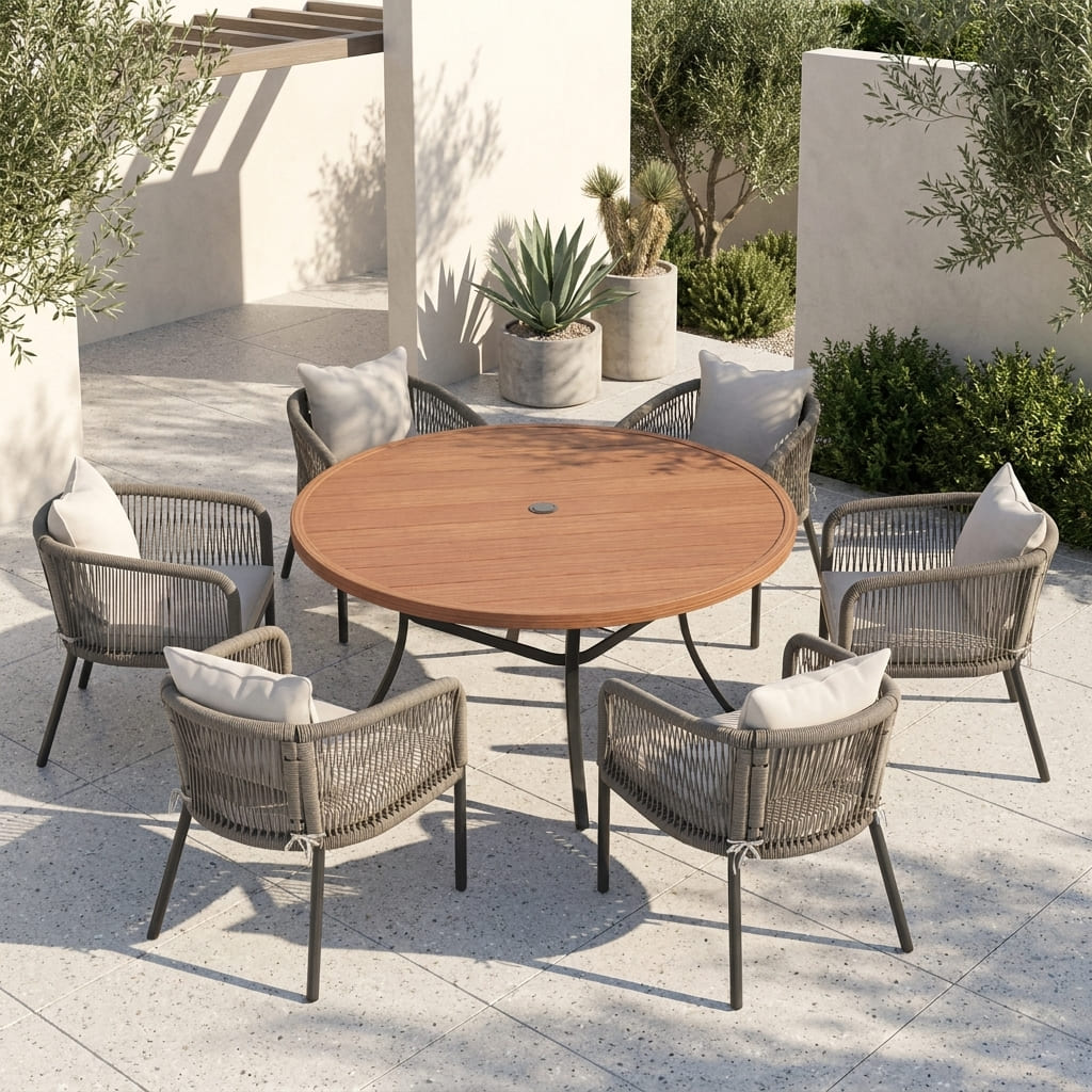 Vicllax 7-Piece Outdoor Wicker Patio Dining Set - 50 or 53-Inch Round Table with Umbrella Hole and Aria Modern Woven Rope Armchair