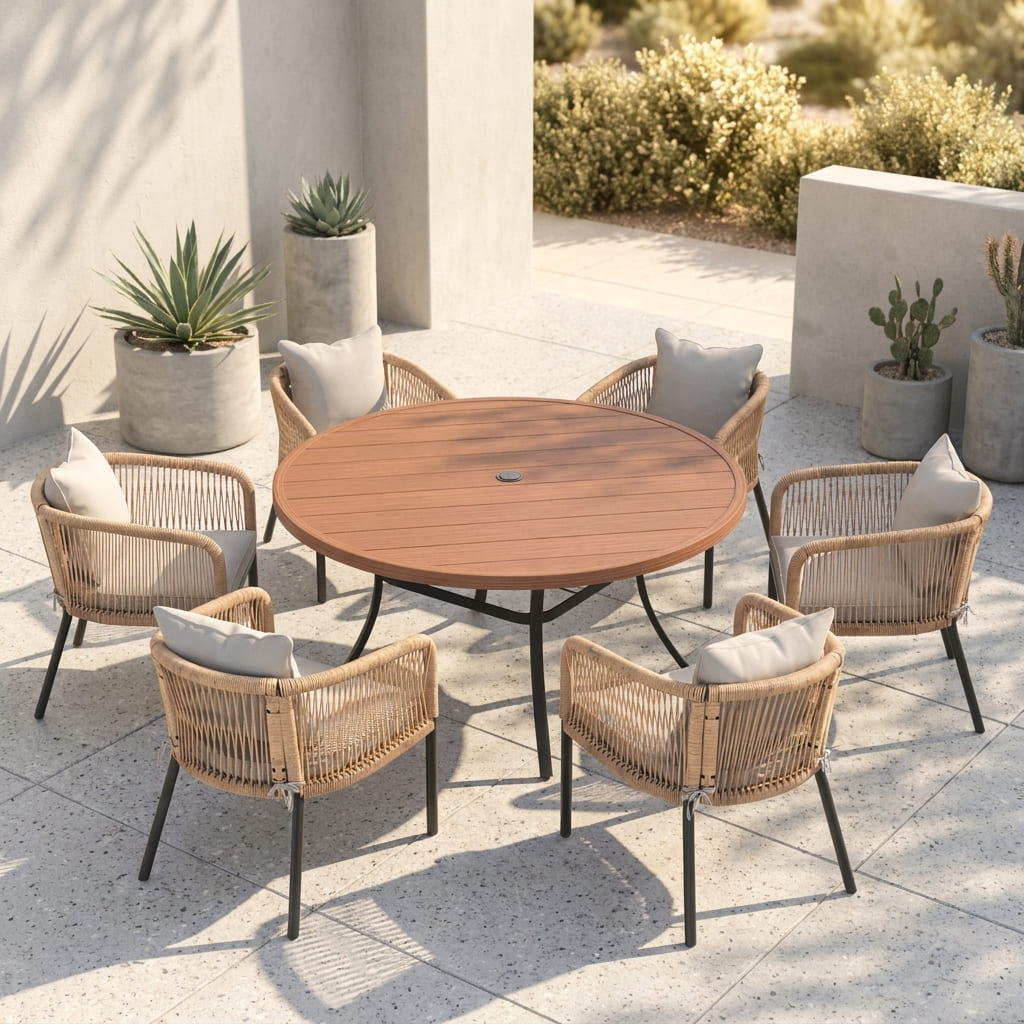 Vicllax 7-Piece Outdoor Wicker Patio Dining Set - 50 or 53-Inch Round Table with Umbrella Hole and Aria Modern Woven Rope Armchair