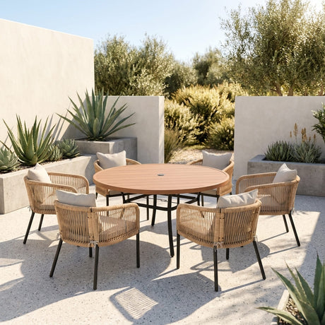 Vicllax 7-Piece Outdoor Wicker Patio Dining Set - 50 or 53-Inch Round Table with Umbrella Hole and Aria Modern Woven Rope Armchair