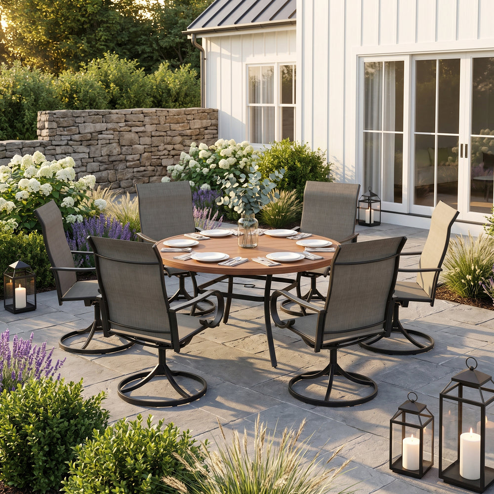 VICLLAX 7-Piece Patio Furniture Set - 50/53" Diameter Round Slat Top Dining Table with 6 Swivel Mesh Chairs