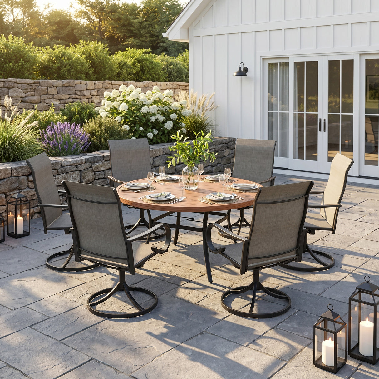 VICLLAX 7-Piece Patio Furniture Set - 50/53" Diameter Round Slat Top Dining Table with 6 Swivel Mesh Chairs