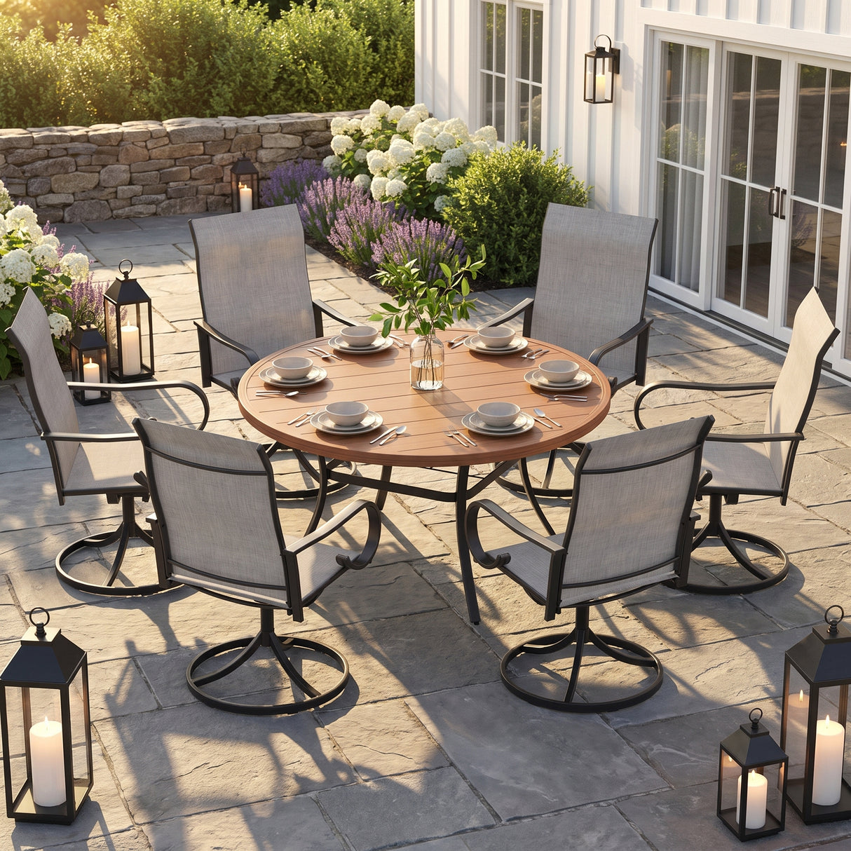 VICLLAX 7-Piece Patio Furniture Set - 50/53" Diameter Round Slat Top Dining Table with 6 Swivel Mesh Chairs