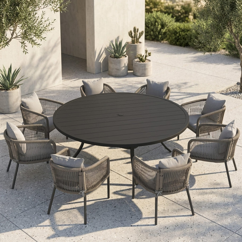 Vicllax 9-Piece Outdoor Wicker Patio Dining Set - 60 or 63-Inch Round Table with Umbrella Hole and Aria Modern Woven Rope Armchair