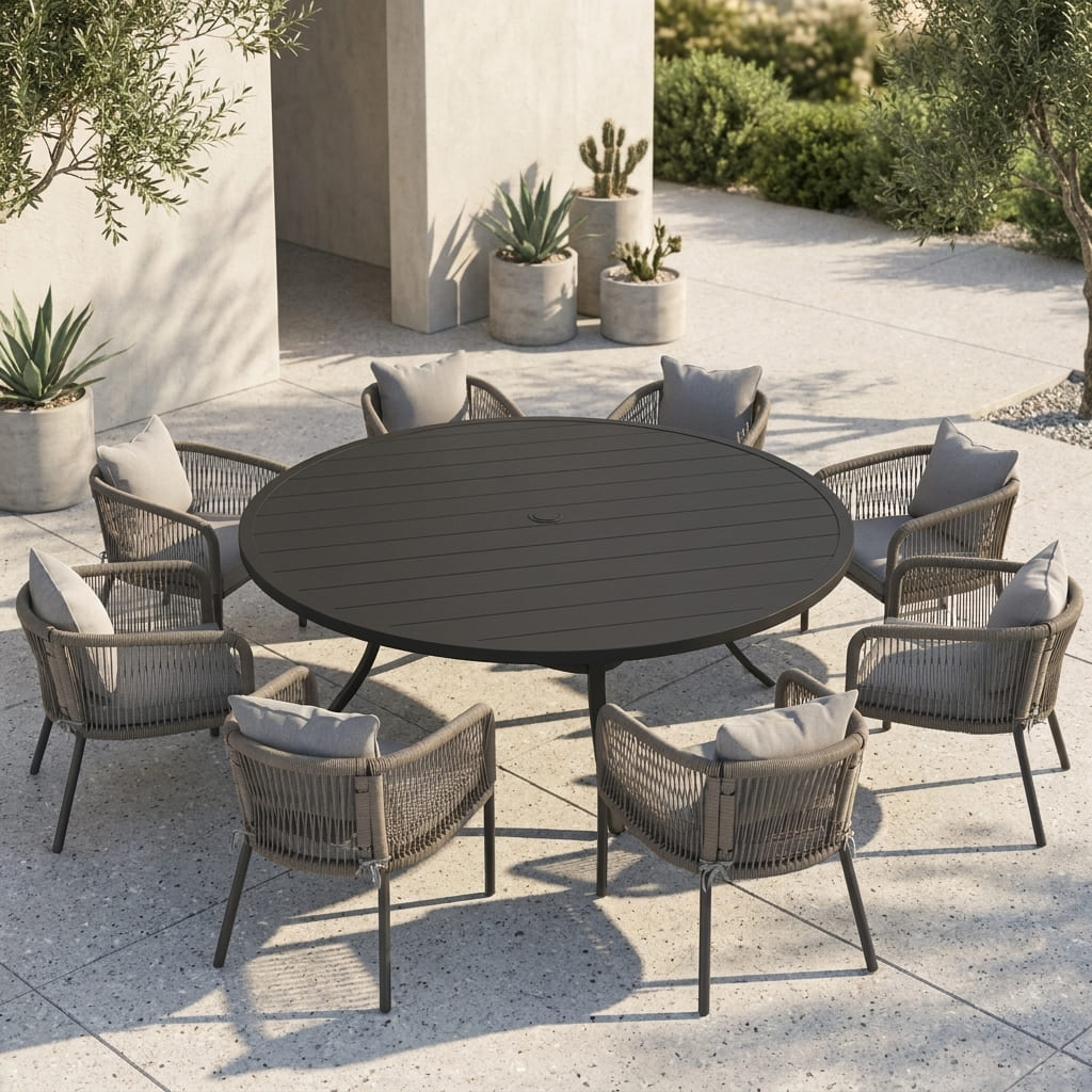 Vicllax 9-Piece Outdoor Wicker Patio Dining Set - 60 or 63-Inch Round Table with Umbrella Hole and Aria Modern Woven Rope Armchair
