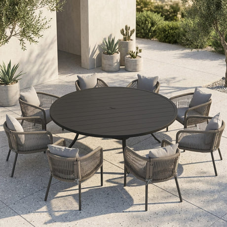 Vicllax 9-Piece Outdoor Wicker Patio Dining Set - 60 or 63-Inch Round Table with Umbrella Hole and Aria Modern Woven Rope Armchair