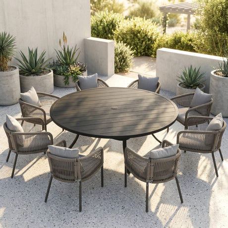 Vicllax 9-Piece Outdoor Wicker Patio Dining Set - 60 or 63-Inch Round Table with Umbrella Hole and Aria Modern Woven Rope Armchair