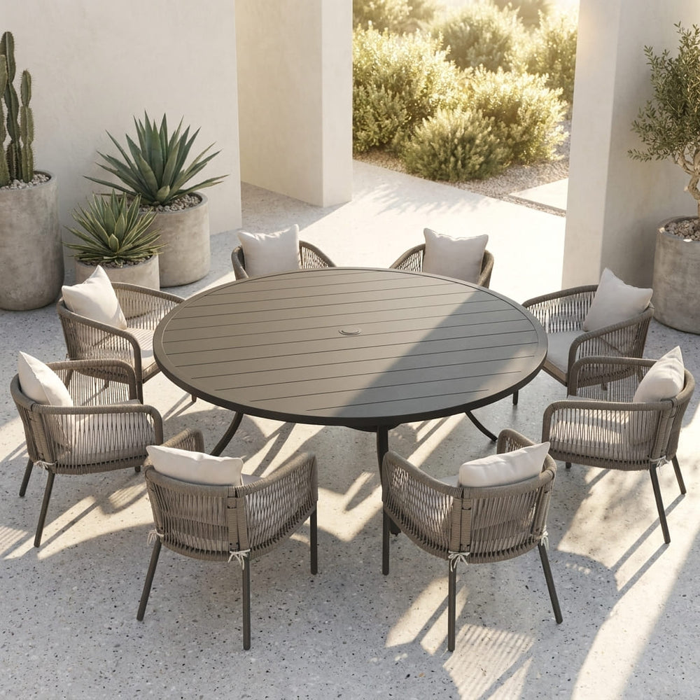 Vicllax 9-Piece Outdoor Wicker Patio Dining Set - 60 or 63-Inch Round Table with Umbrella Hole and Aria Modern Woven Rope Armchair