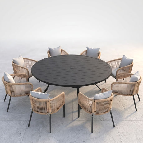Vicllax 9-Piece Outdoor Wicker Patio Dining Set - 60 or 63-Inch Round Table with Umbrella Hole and Aria Modern Woven Rope Armchair
