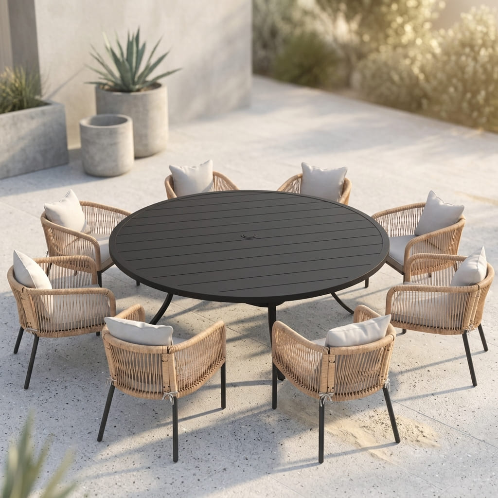 Vicllax 9-Piece Outdoor Wicker Patio Dining Set - 60 or 63-Inch Round Table with Umbrella Hole and Aria Modern Woven Rope Armchair