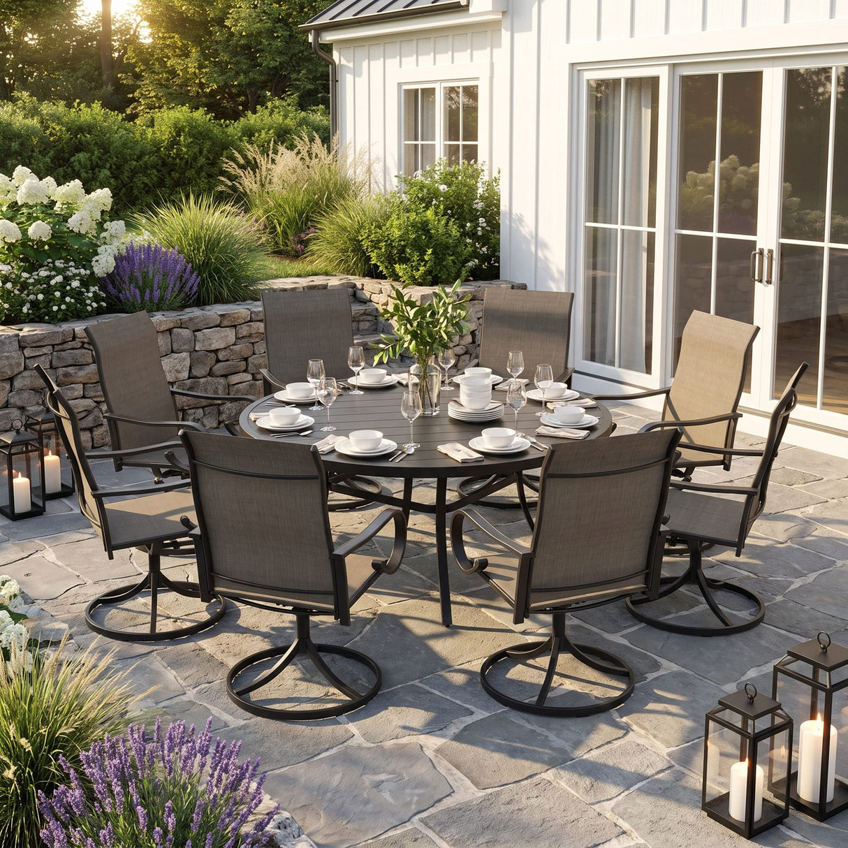 VICLLAX 9-Piece Patio Furniture Set - 60/63" Diameter Round Slat Top Dining Table with 8 Swivel Mesh Chairs