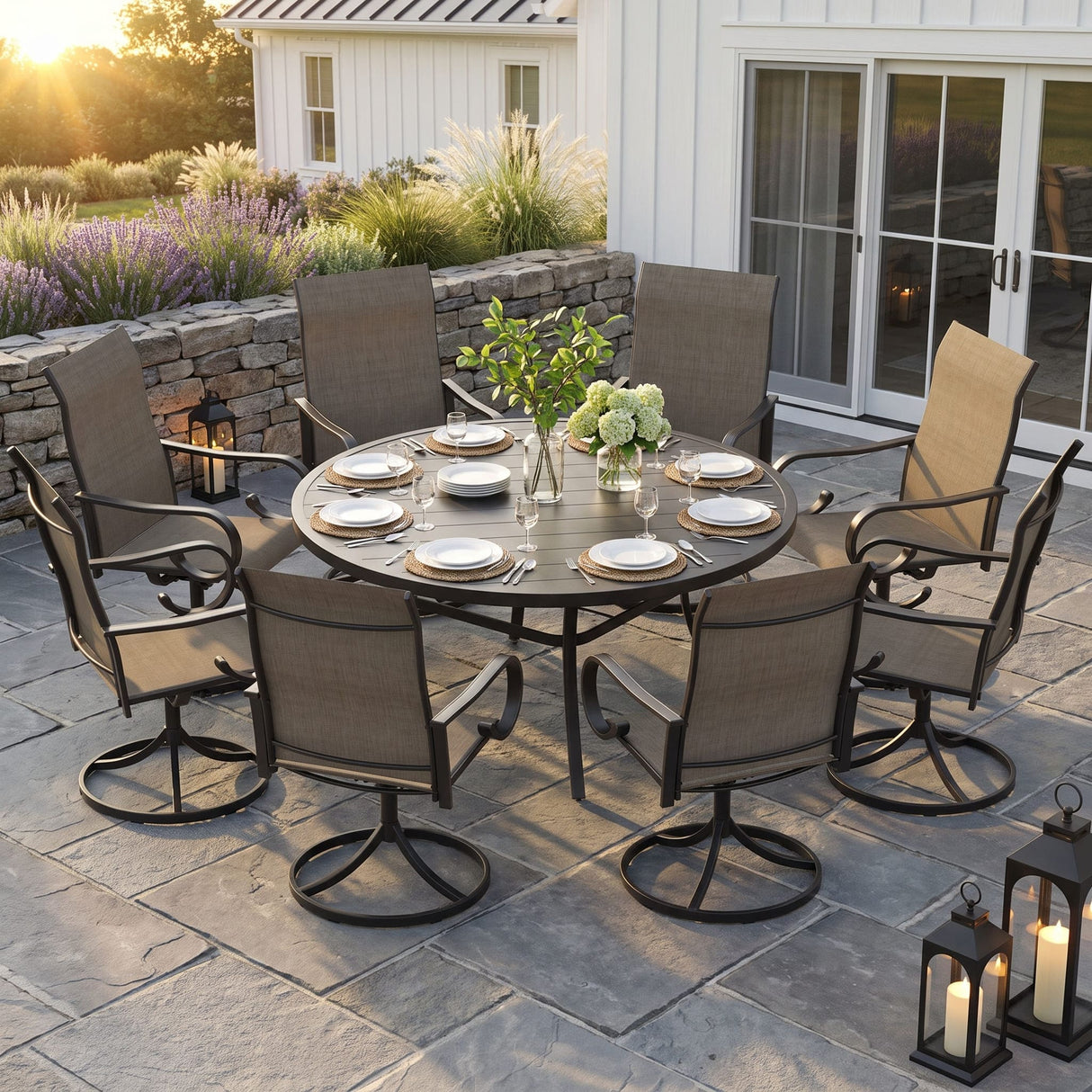 VICLLAX 9-Piece Patio Furniture Set - 60/63" Diameter Round Slat Top Dining Table with 8 Swivel Mesh Chairs