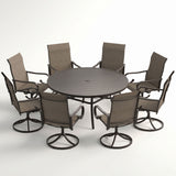 VICLLAX 9-Piece Patio Furniture Set - 60/63" Diameter Round Slat Top Dining Table with 8 Swivel Mesh Chairs