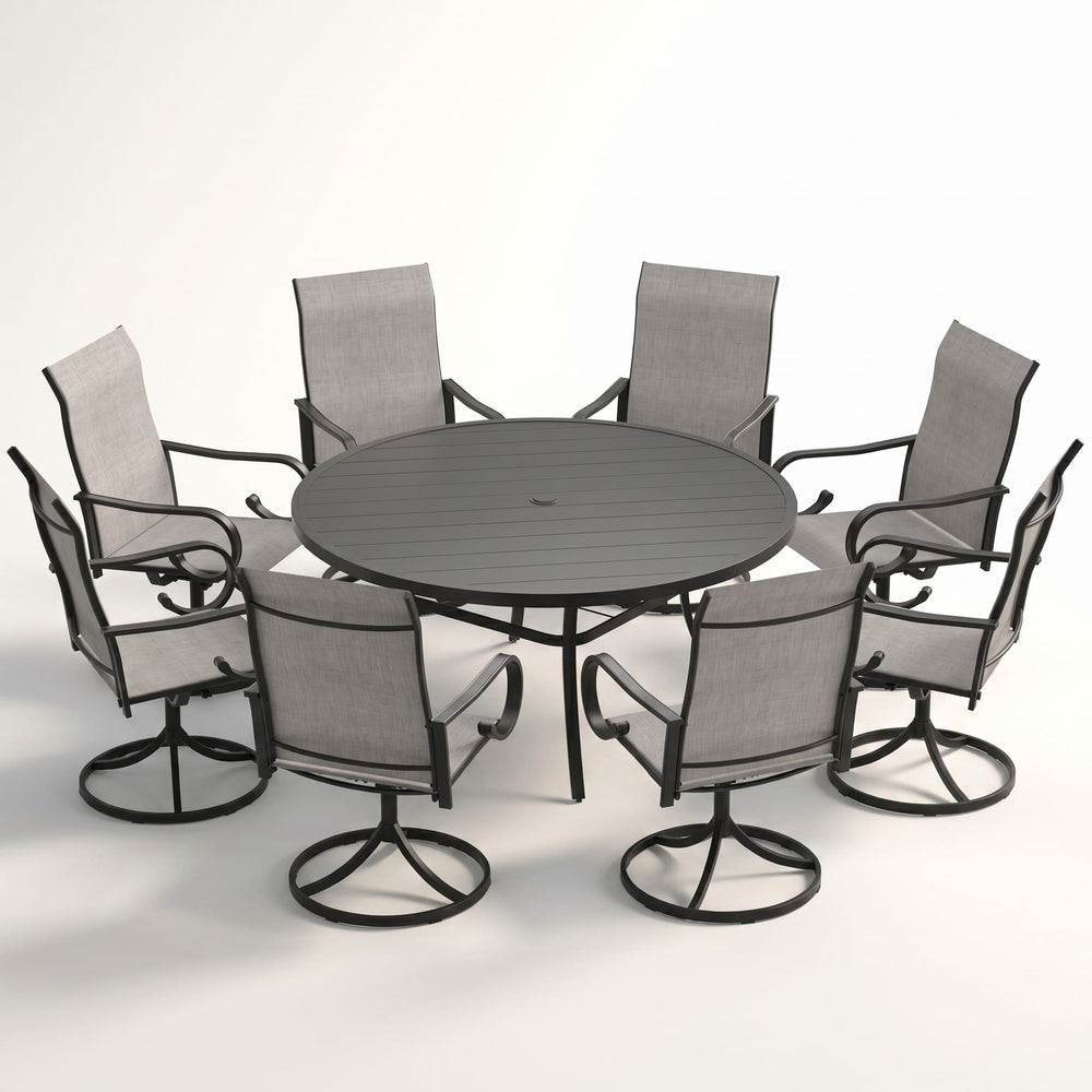 VICLLAX 9-Piece Patio Furniture Set - 60/63" Diameter Round Slat Top Dining Table with 8 Swivel Mesh Chairs