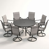 VICLLAX 9-Piece Patio Furniture Set - 60/63" Diameter Round Slat Top Dining Table with 8 Swivel Mesh Chairs