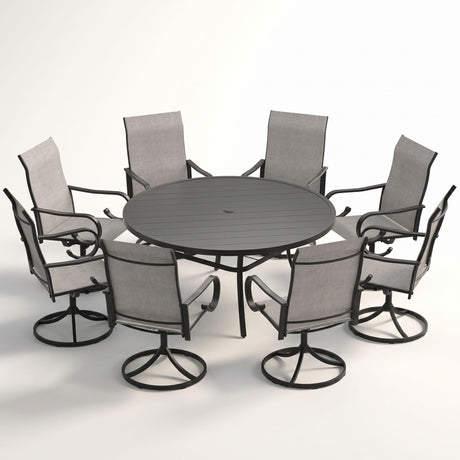 VICLLAX 9-Piece Patio Furniture Set - 60/63" Diameter Round Slat Top Dining Table with 8 Swivel Mesh Chairs