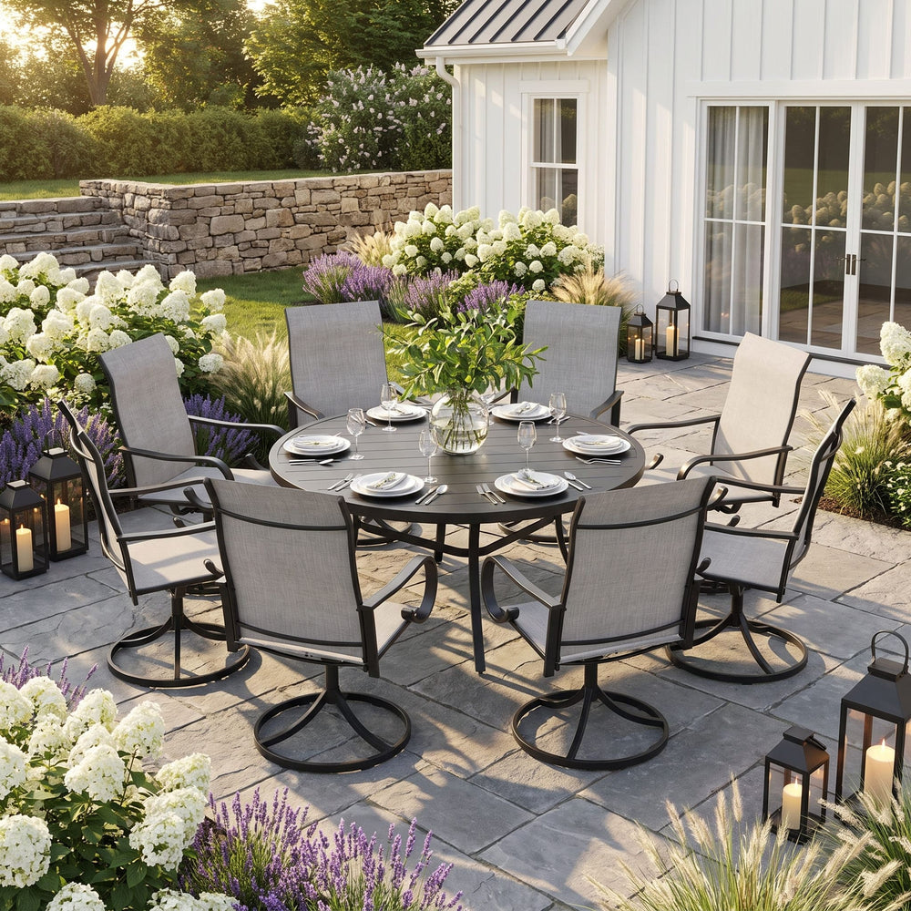 VICLLAX 9-Piece Patio Furniture Set - 60/63" Diameter Round Slat Top Dining Table with 8 Swivel Mesh Chairs