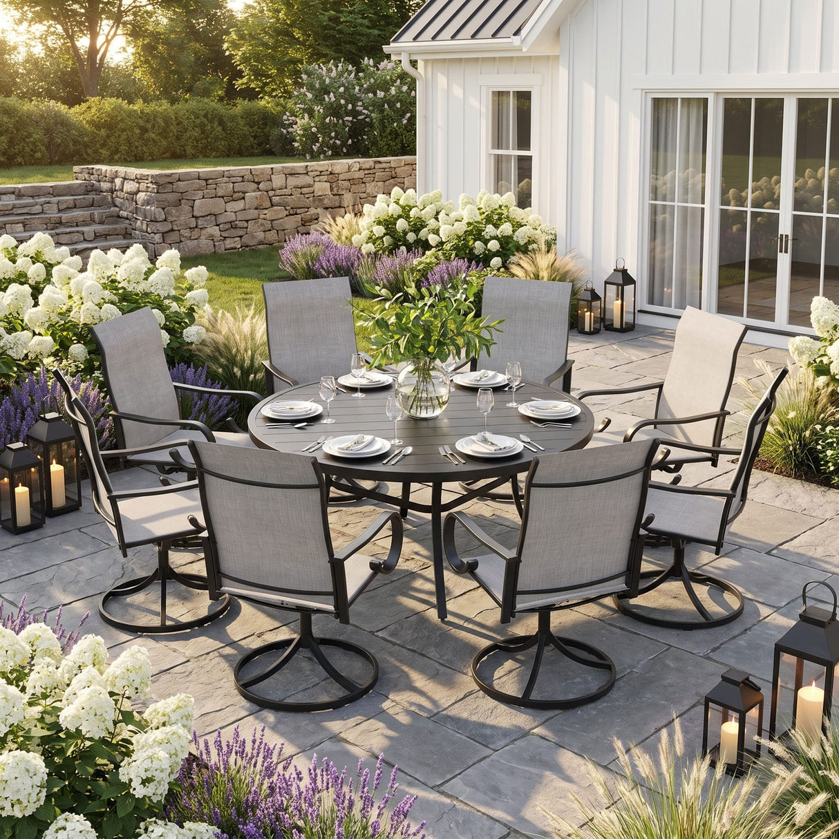 VICLLAX 9-Piece Patio Furniture Set - 60/63" Diameter Round Slat Top Dining Table with 8 Swivel Mesh Chairs