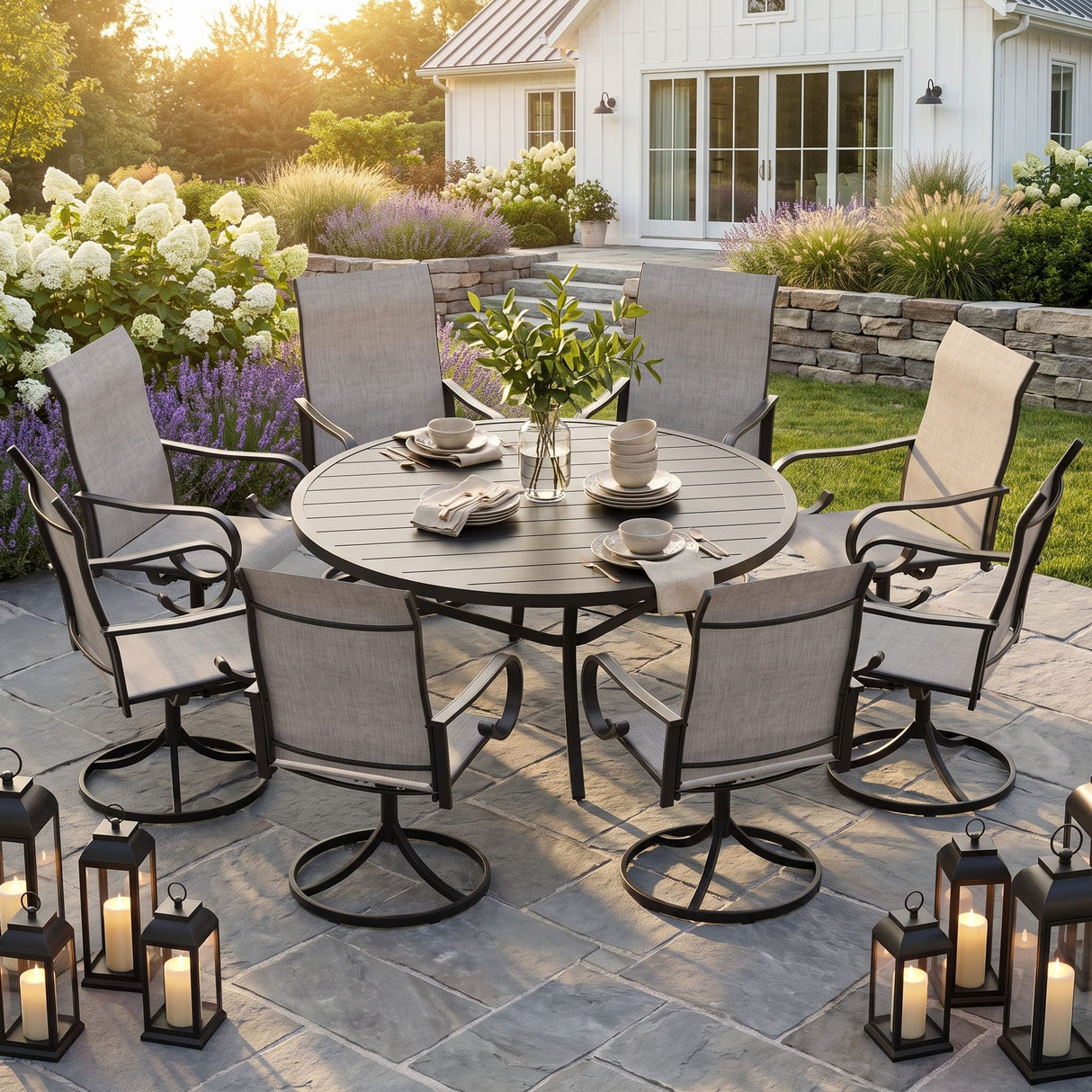VICLLAX 9-Piece Patio Furniture Set - 60/63" Diameter Round Slat Top Dining Table with 8 Swivel Mesh Chairs