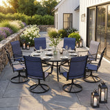 VICLLAX 9-Piece Patio Furniture Set - 60/63" Diameter Round Slat Top Dining Table with 8 Swivel Mesh Chairs