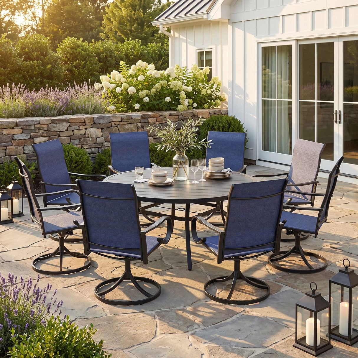 VICLLAX 9-Piece Patio Furniture Set - 60/63" Diameter Round Slat Top Dining Table with 8 Swivel Mesh Chairs