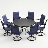 VICLLAX 9-Piece Patio Furniture Set - 60/63" Diameter Round Slat Top Dining Table with 8 Swivel Mesh Chairs