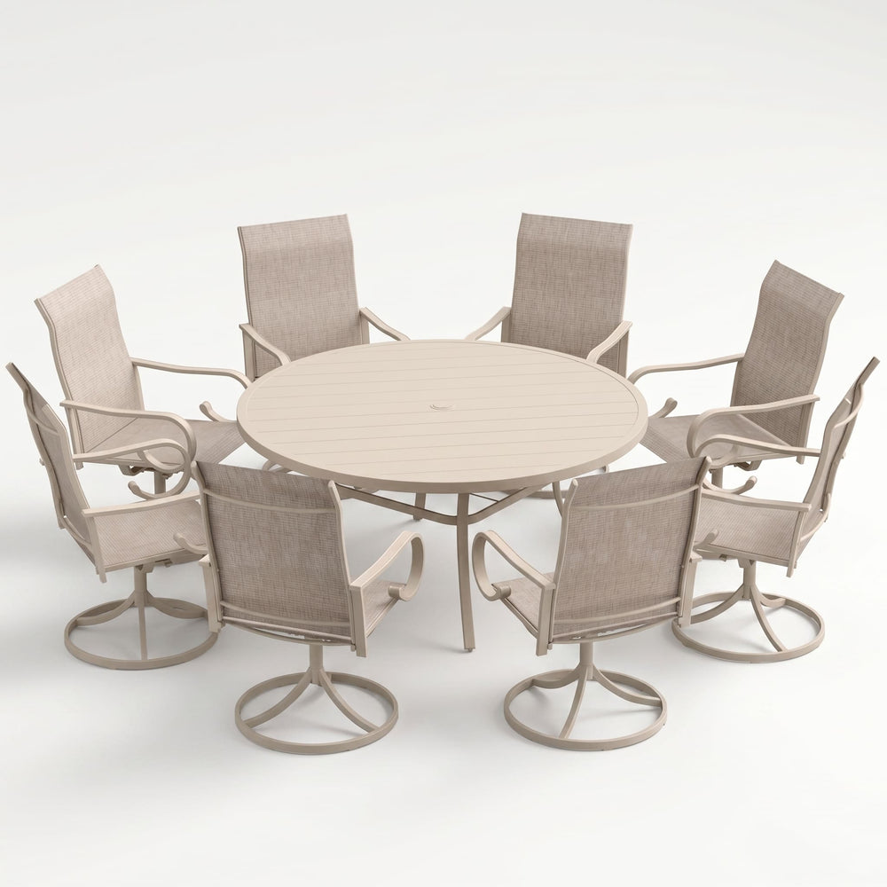 VICLLAX 9-Piece Patio Furniture Set - 60/63" Diameter Round Slat Top Dining Table with 8 Swivel Mesh Chairs