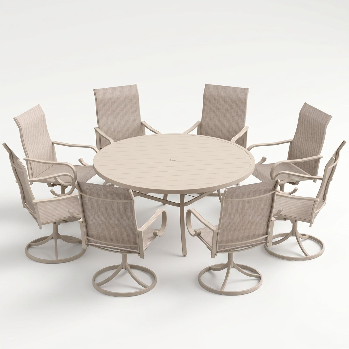 VICLLAX 9-Piece Patio Furniture Set - 60/63" Diameter Round Slat Top Dining Table with 8 Swivel Mesh Chairs